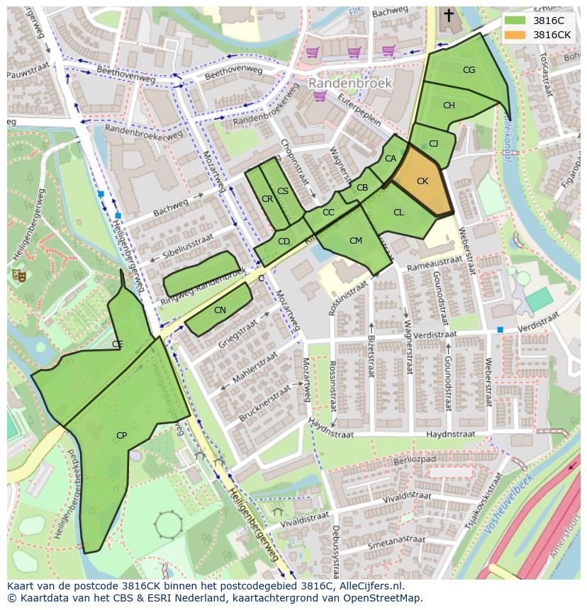 Afbeelding van het postcodegebied 3816 CK op de kaart.