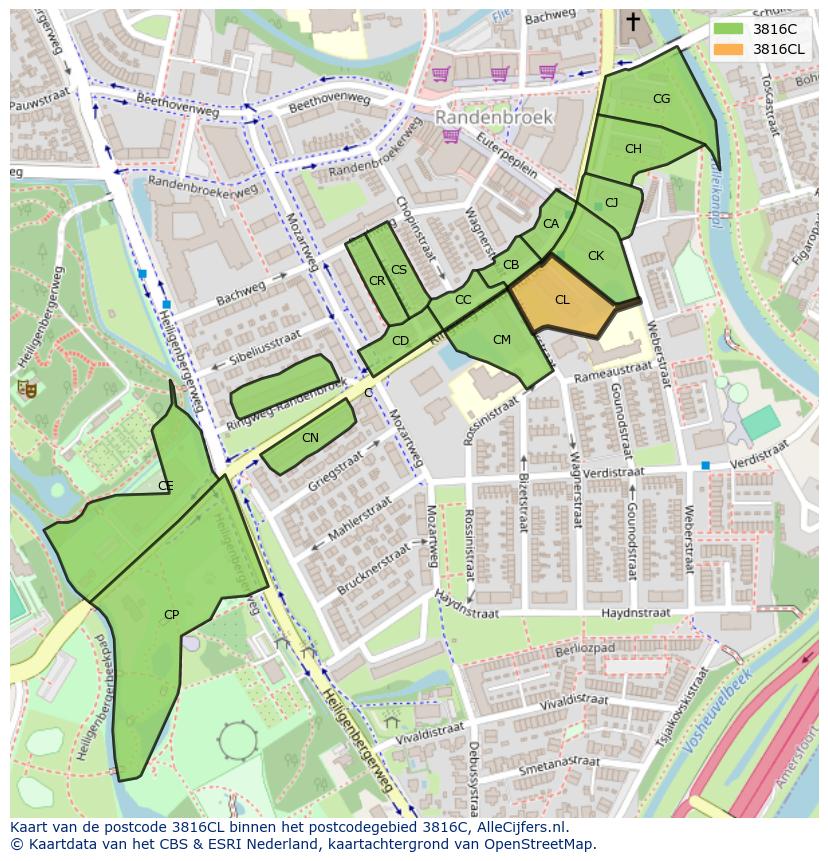 Afbeelding van het postcodegebied 3816 CL op de kaart.