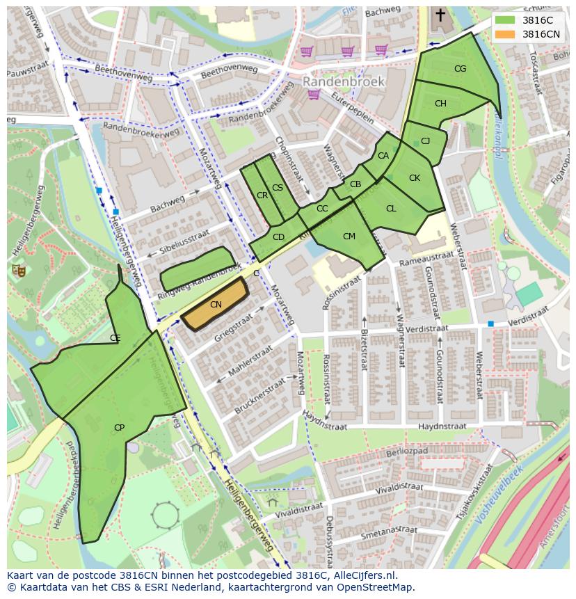 Afbeelding van het postcodegebied 3816 CN op de kaart.