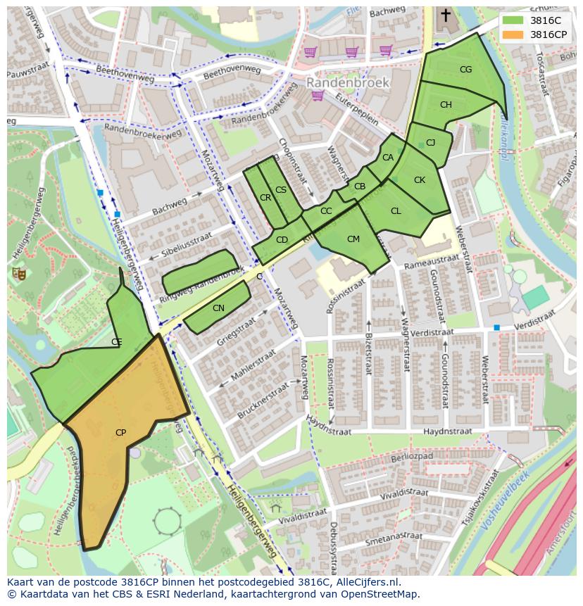Afbeelding van het postcodegebied 3816 CP op de kaart.