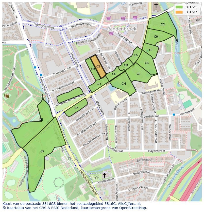 Afbeelding van het postcodegebied 3816 CS op de kaart.