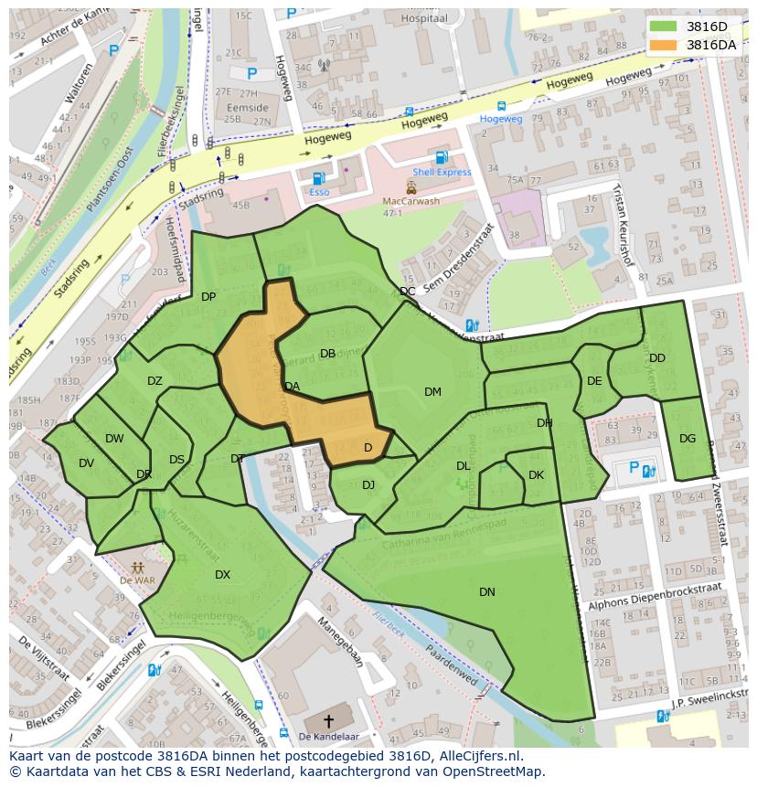 Afbeelding van het postcodegebied 3816 DA op de kaart.