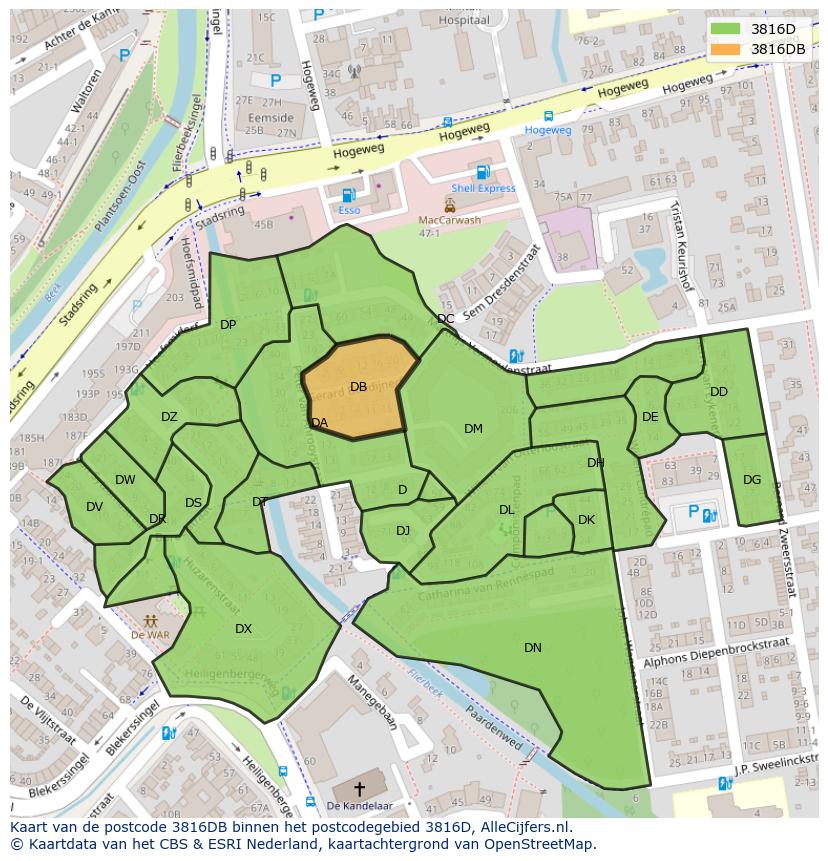 Afbeelding van het postcodegebied 3816 DB op de kaart.