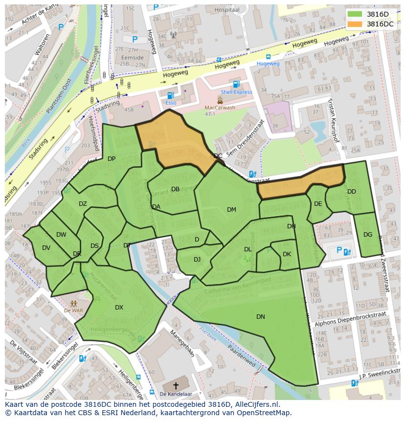 Afbeelding van het postcodegebied 3816 DC op de kaart.