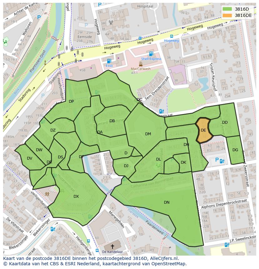 Afbeelding van het postcodegebied 3816 DE op de kaart.