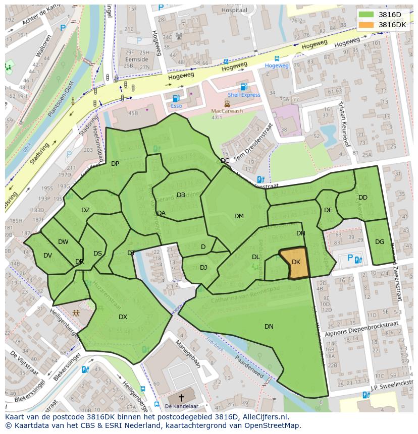Afbeelding van het postcodegebied 3816 DK op de kaart.