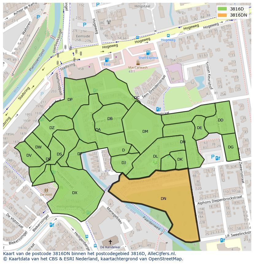 Afbeelding van het postcodegebied 3816 DN op de kaart.
