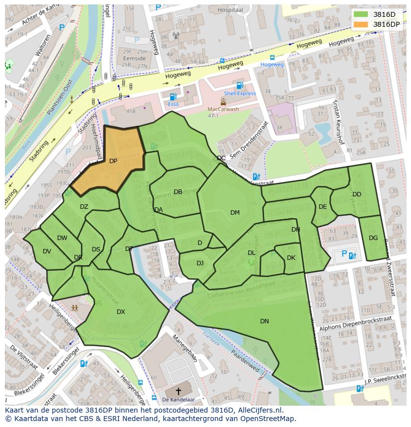 Afbeelding van het postcodegebied 3816 DP op de kaart.