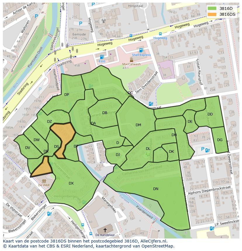 Afbeelding van het postcodegebied 3816 DS op de kaart.