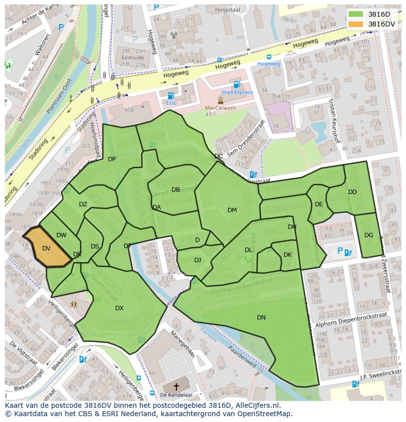 Afbeelding van het postcodegebied 3816 DV op de kaart.