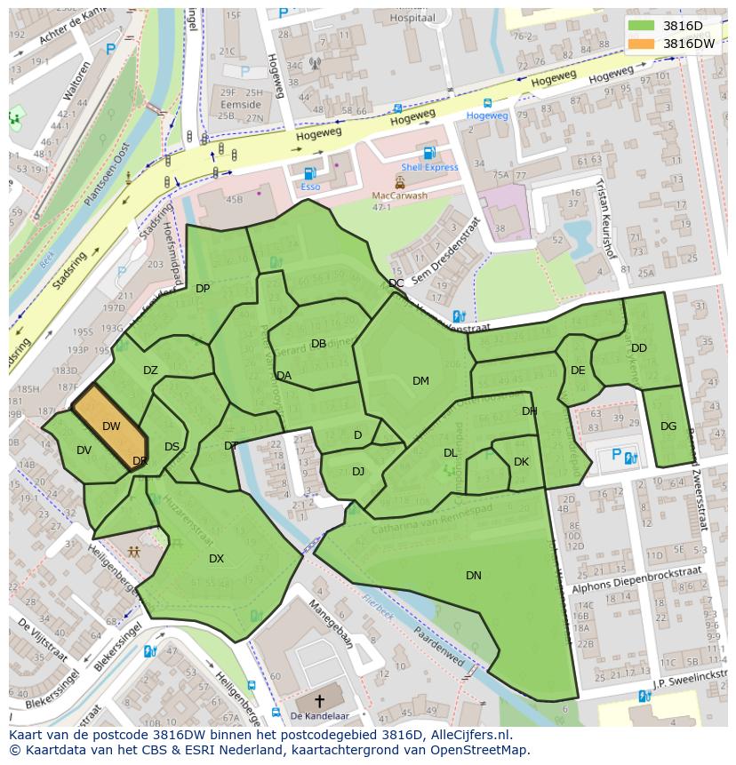 Afbeelding van het postcodegebied 3816 DW op de kaart.