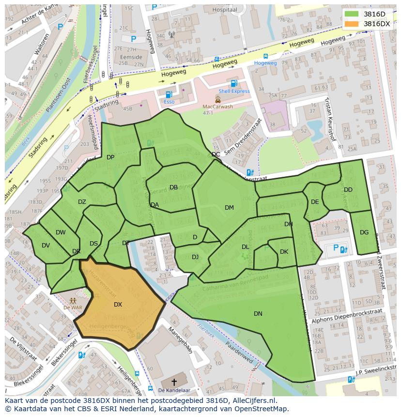 Afbeelding van het postcodegebied 3816 DX op de kaart.
