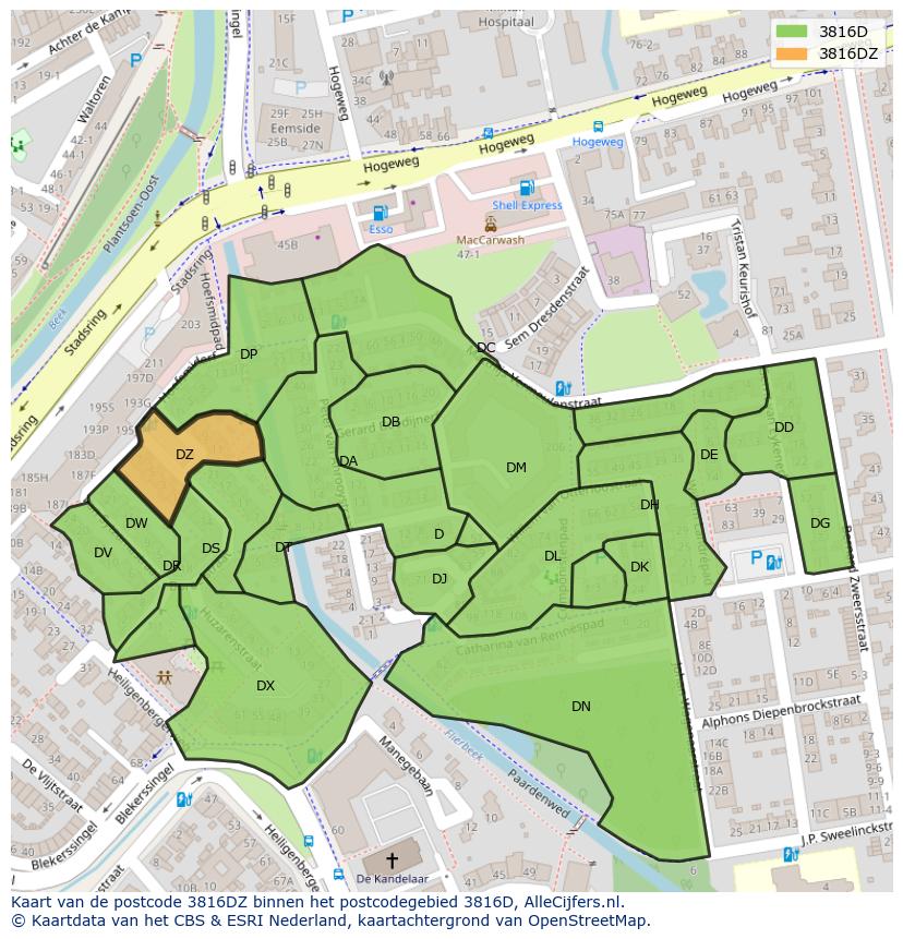 Afbeelding van het postcodegebied 3816 DZ op de kaart.