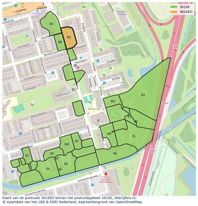 Afbeelding van het postcodegebied 3816 ED op de kaart.
