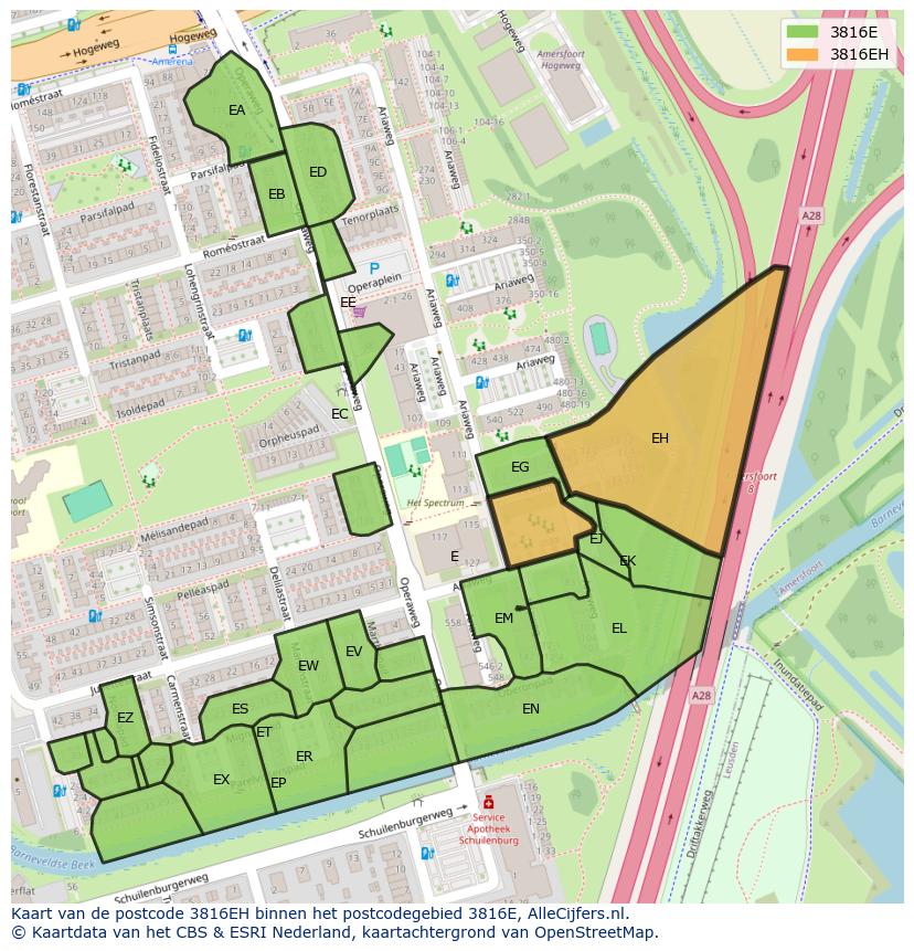Afbeelding van het postcodegebied 3816 EH op de kaart.