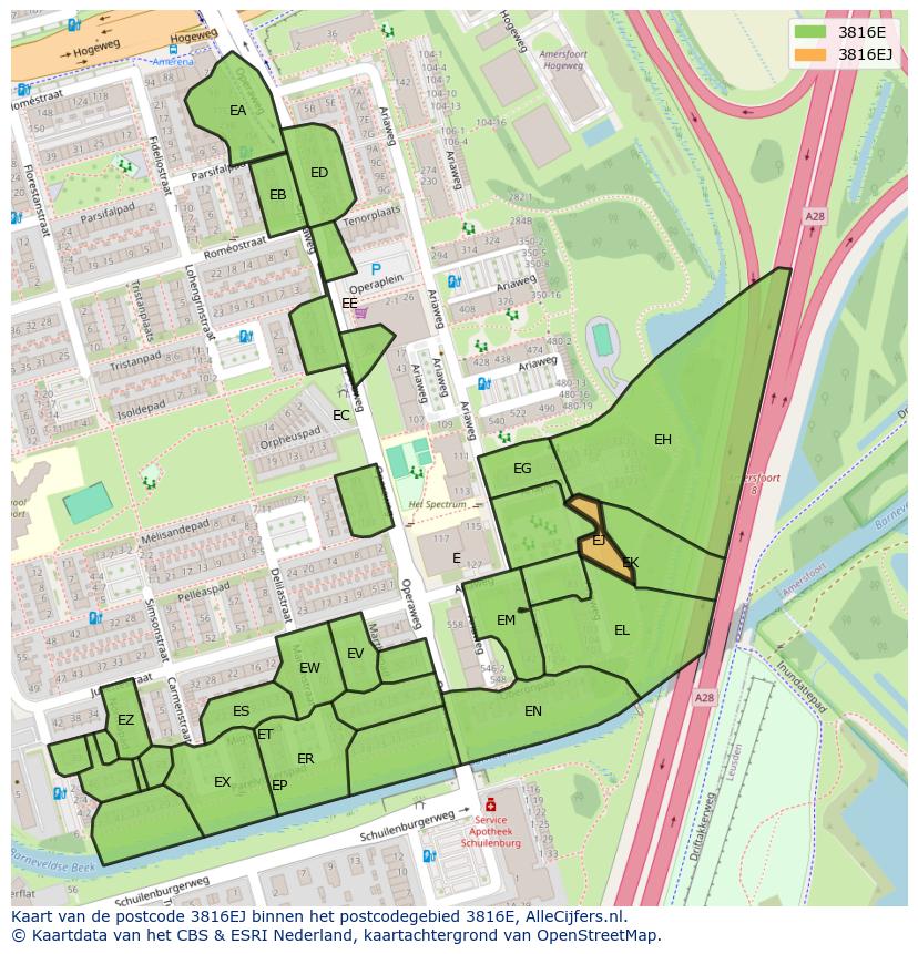 Afbeelding van het postcodegebied 3816 EJ op de kaart.