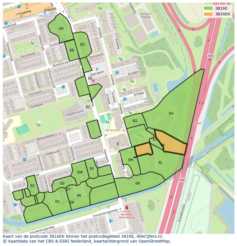 Afbeelding van het postcodegebied 3816 EK op de kaart.