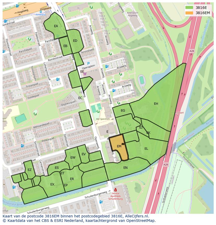 Afbeelding van het postcodegebied 3816 EM op de kaart.