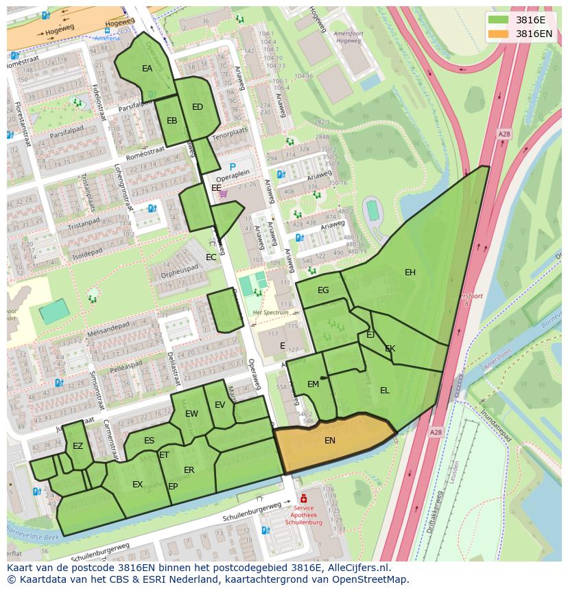 Afbeelding van het postcodegebied 3816 EN op de kaart.