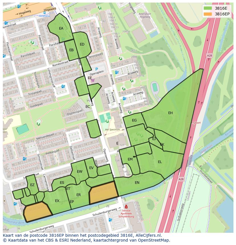 Afbeelding van het postcodegebied 3816 EP op de kaart.