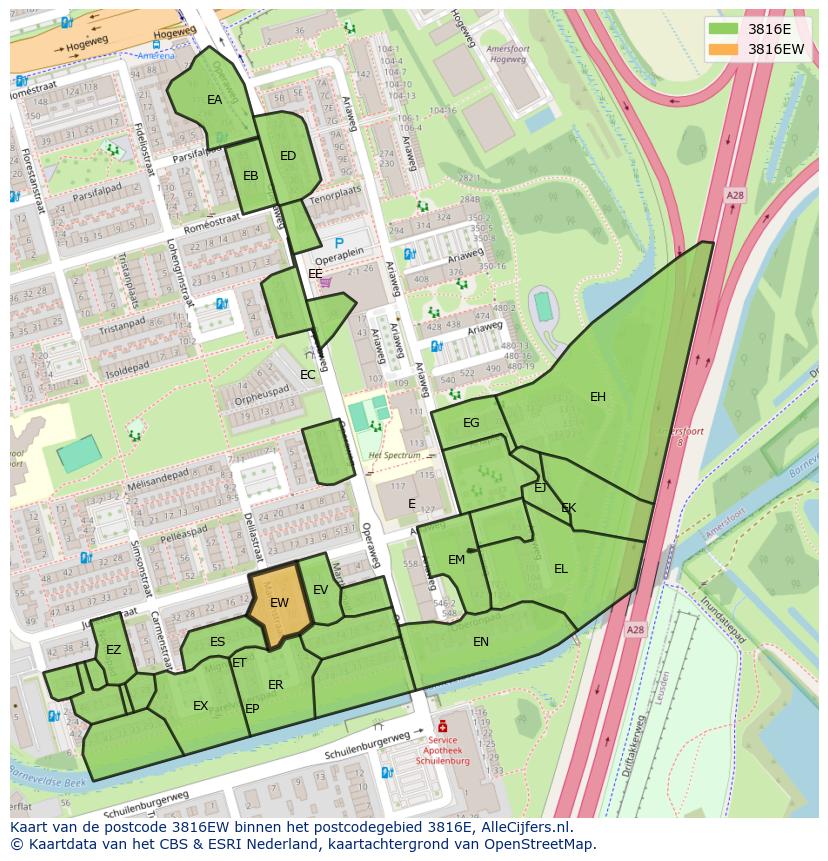 Afbeelding van het postcodegebied 3816 EW op de kaart.