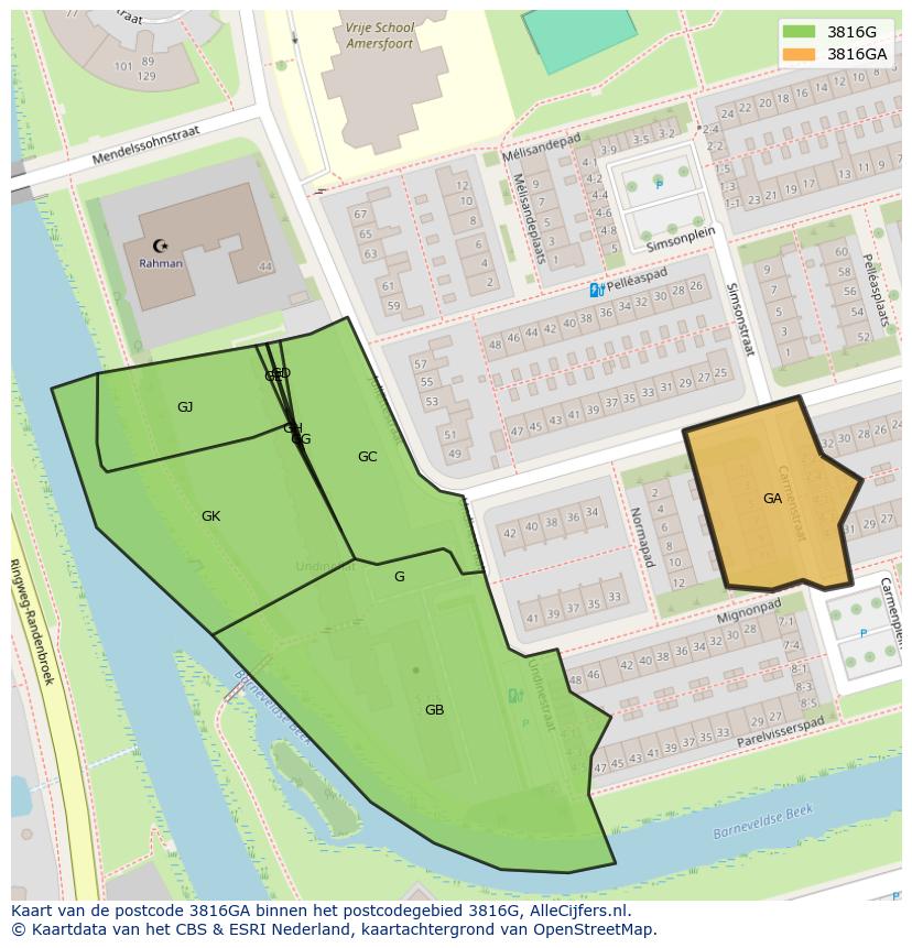 Afbeelding van het postcodegebied 3816 GA op de kaart.