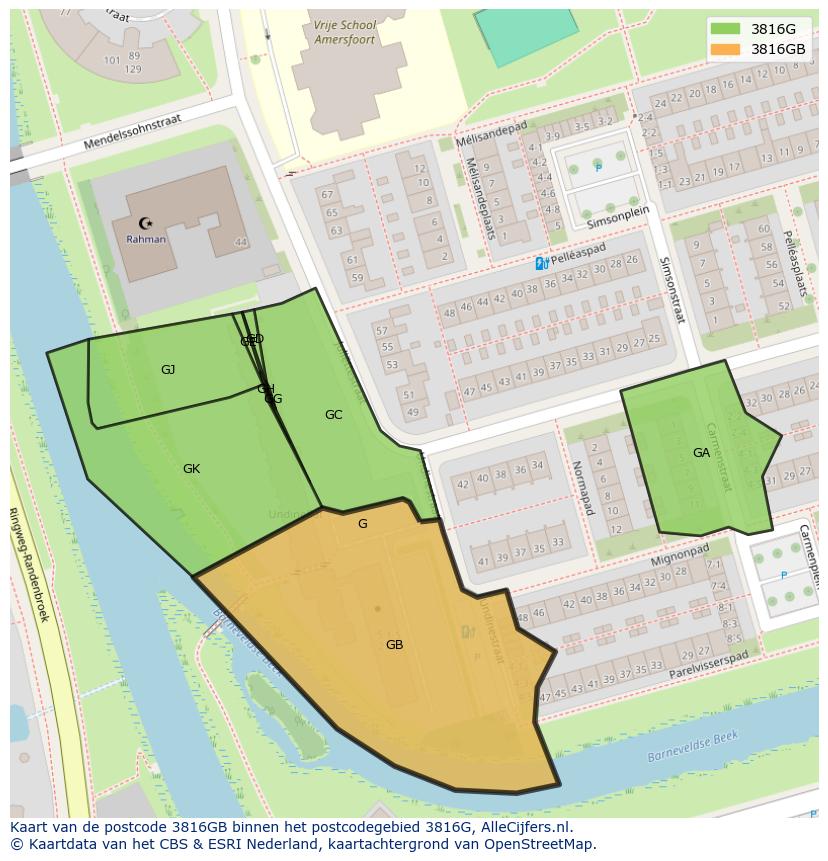 Afbeelding van het postcodegebied 3816 GB op de kaart.