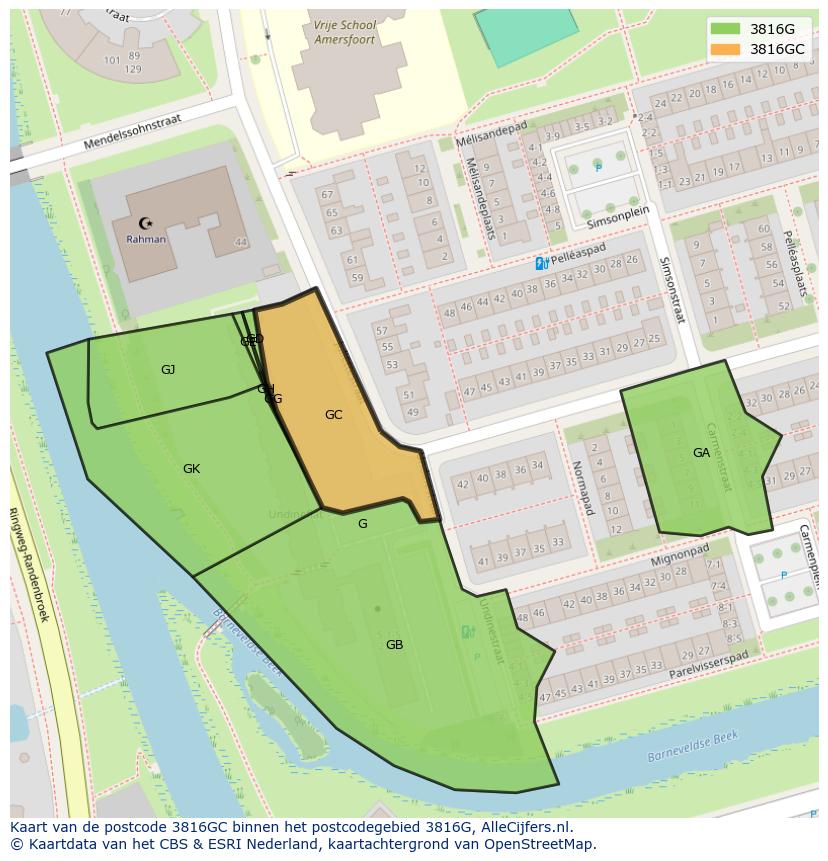 Afbeelding van het postcodegebied 3816 GC op de kaart.