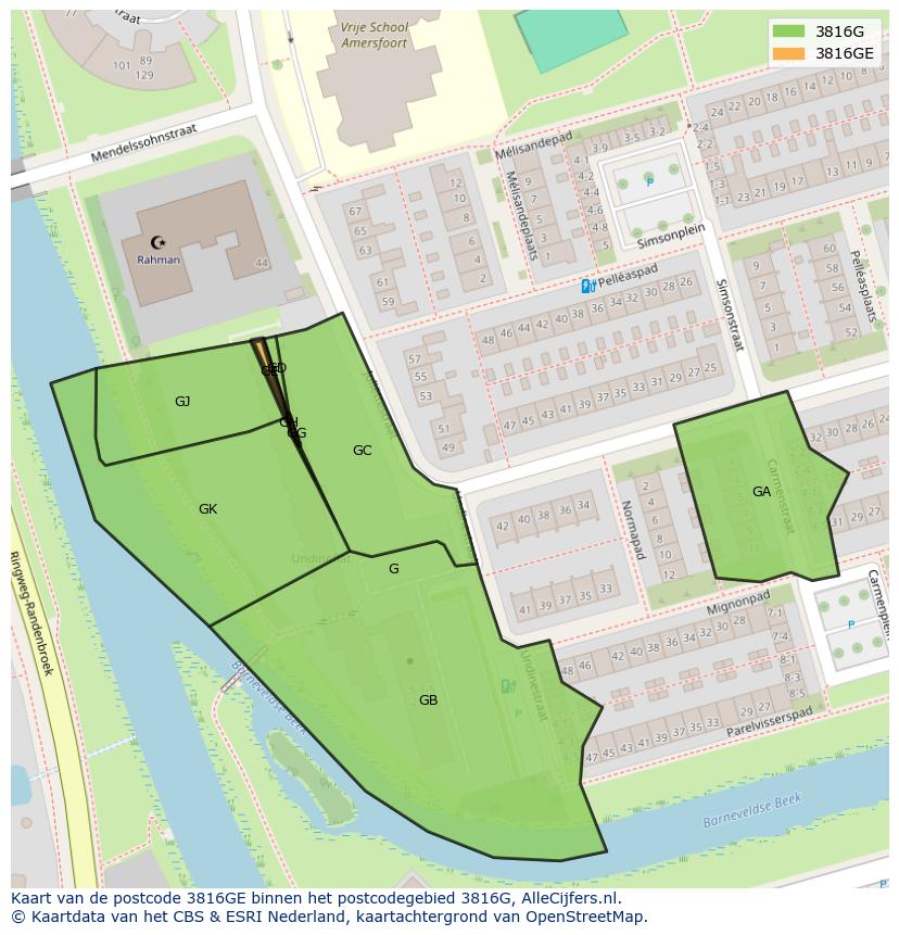 Afbeelding van het postcodegebied 3816 GE op de kaart.