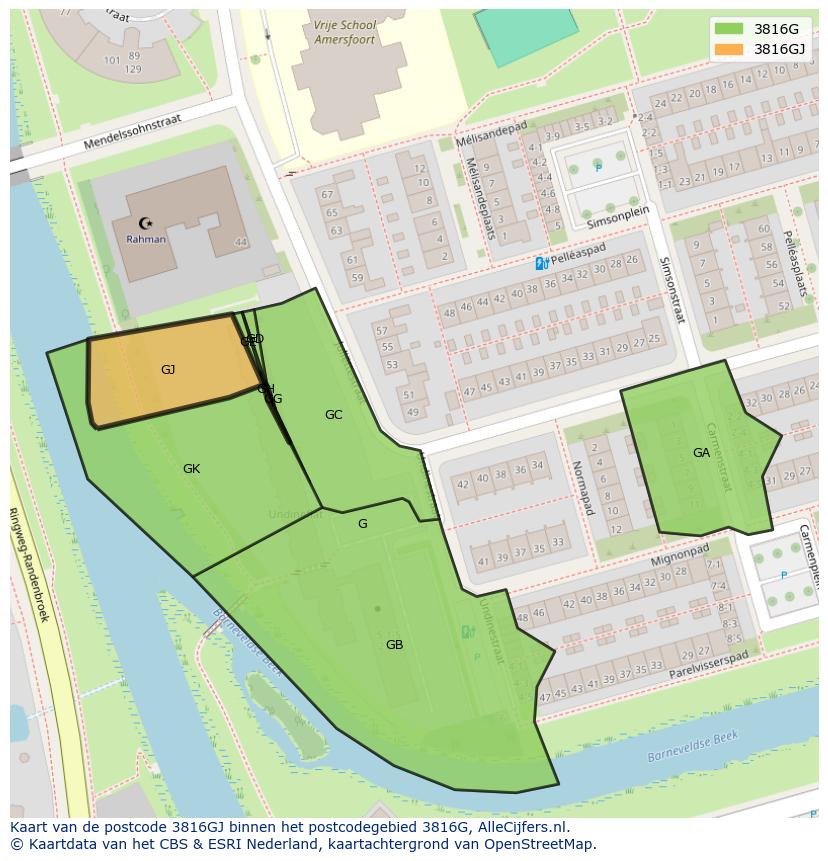 Afbeelding van het postcodegebied 3816 GJ op de kaart.