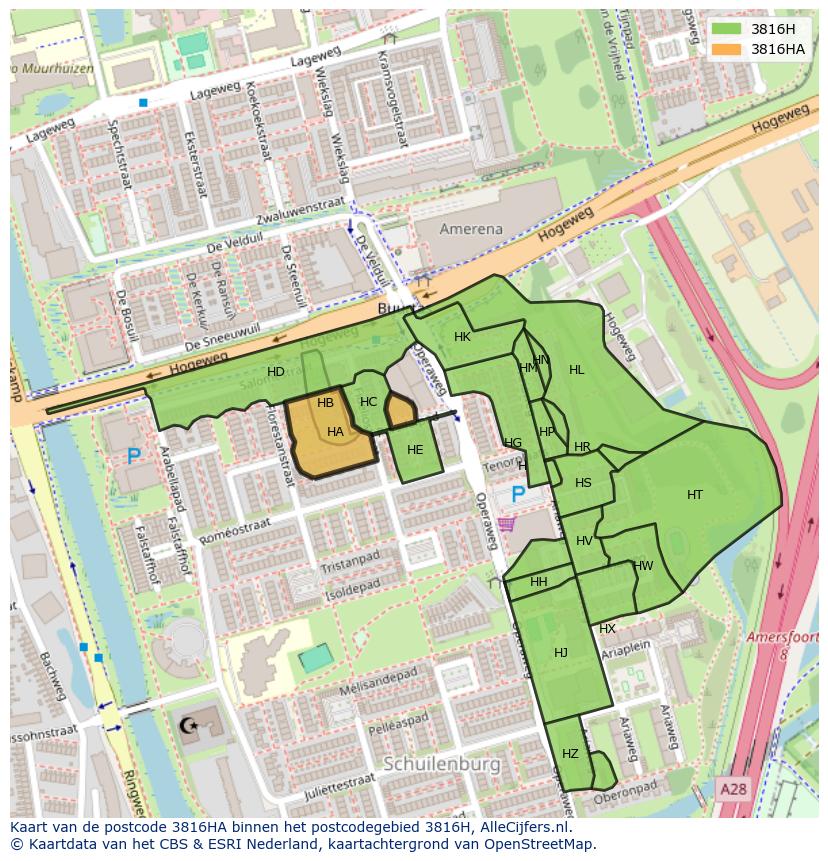 Afbeelding van het postcodegebied 3816 HA op de kaart.