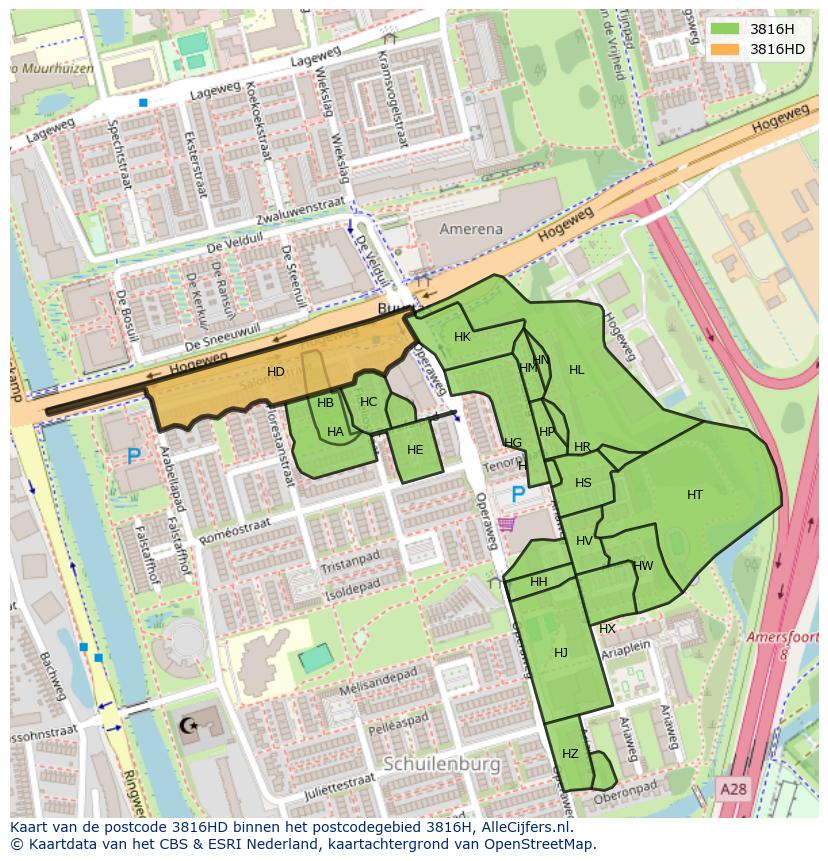 Afbeelding van het postcodegebied 3816 HD op de kaart.