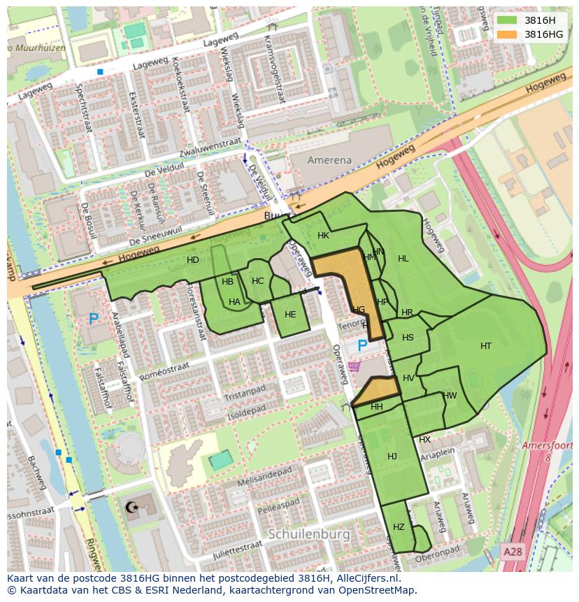Afbeelding van het postcodegebied 3816 HG op de kaart.