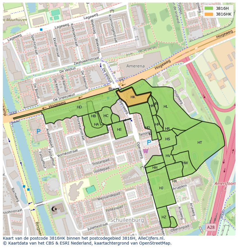 Afbeelding van het postcodegebied 3816 HK op de kaart.