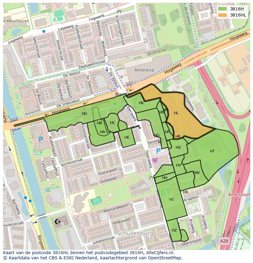 Afbeelding van het postcodegebied 3816 HL op de kaart.
