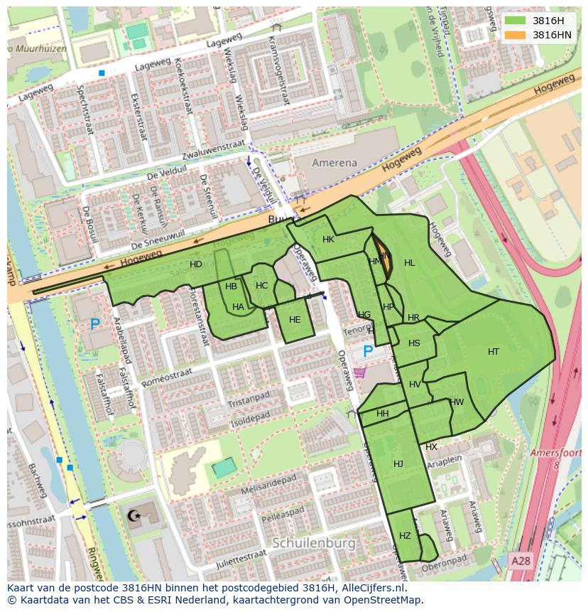Afbeelding van het postcodegebied 3816 HN op de kaart.