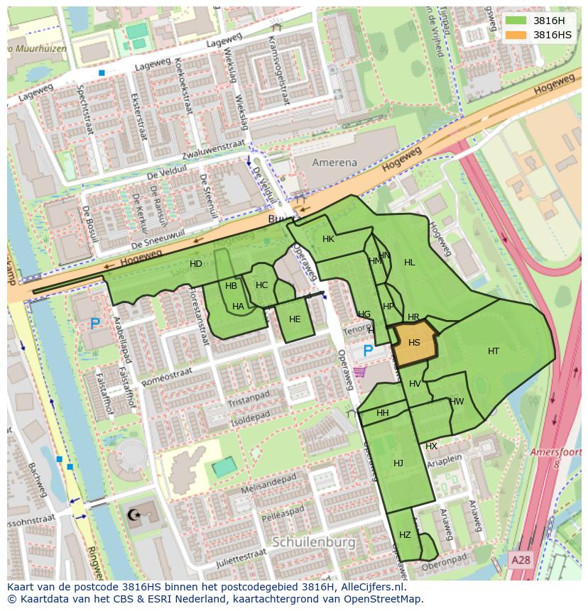 Afbeelding van het postcodegebied 3816 HS op de kaart.