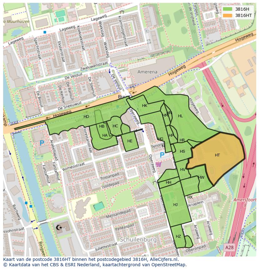 Afbeelding van het postcodegebied 3816 HT op de kaart.