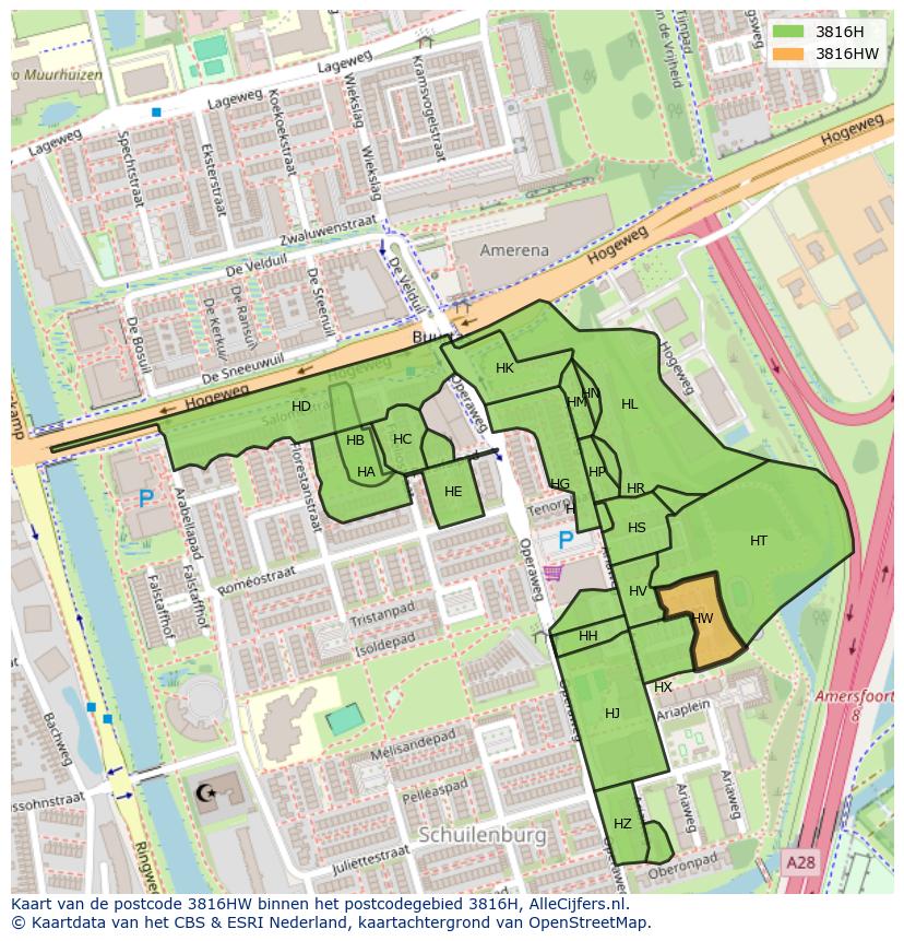 Afbeelding van het postcodegebied 3816 HW op de kaart.