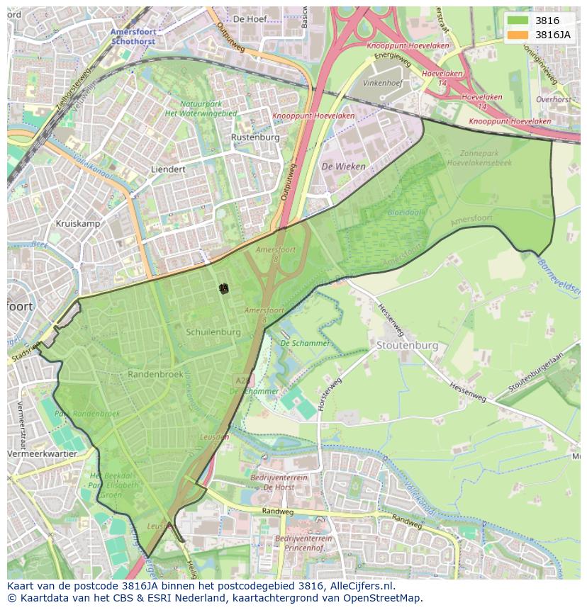Afbeelding van het postcodegebied 3816 JA op de kaart.