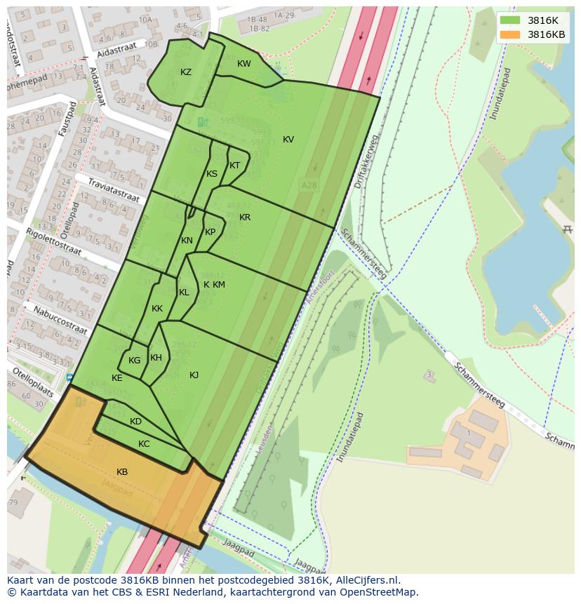 Afbeelding van het postcodegebied 3816 KB op de kaart.