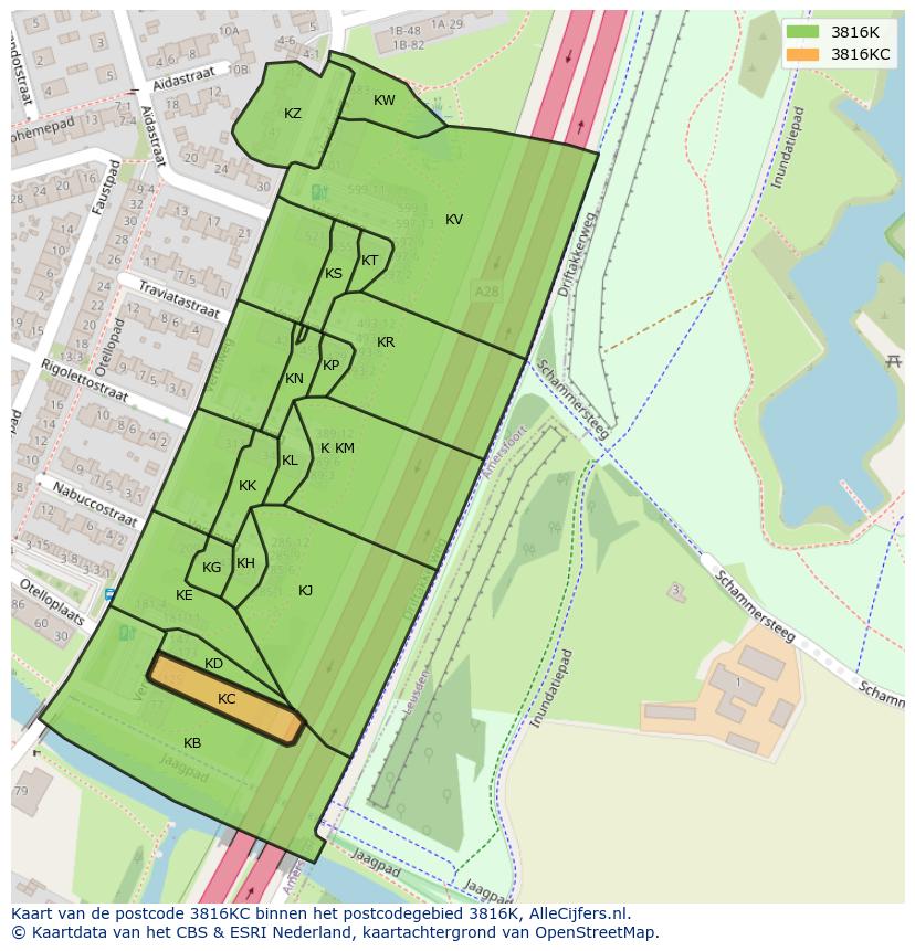 Afbeelding van het postcodegebied 3816 KC op de kaart.