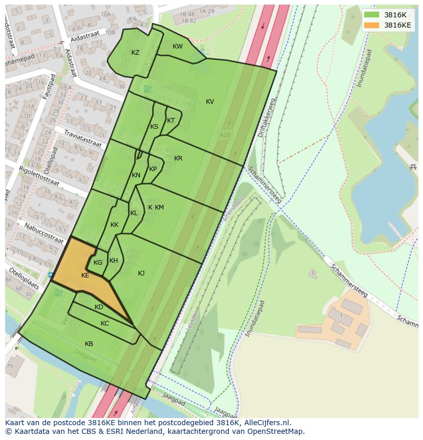 Afbeelding van het postcodegebied 3816 KE op de kaart.
