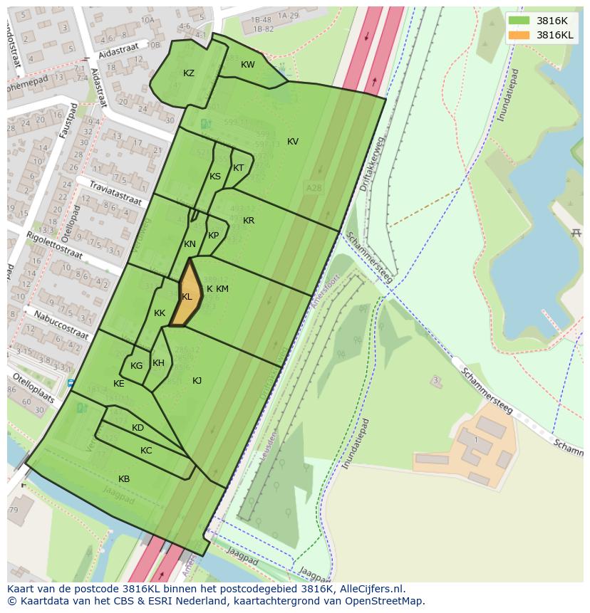Afbeelding van het postcodegebied 3816 KL op de kaart.