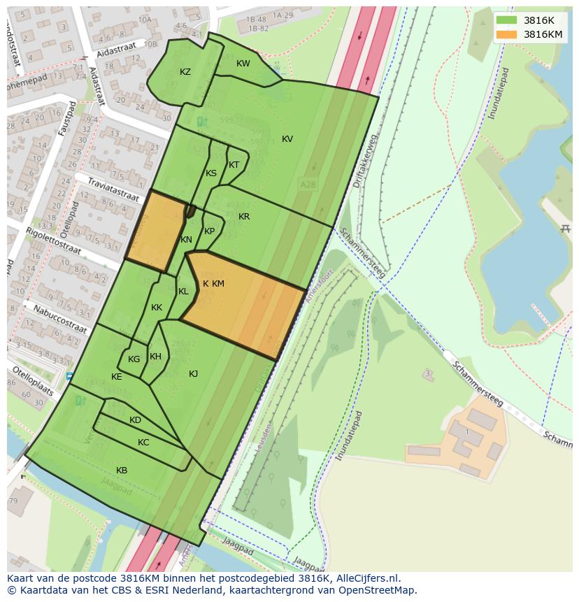 Afbeelding van het postcodegebied 3816 KM op de kaart.