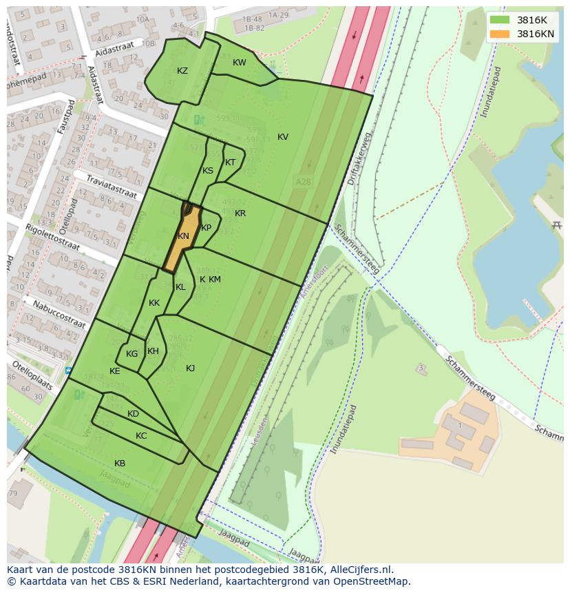 Afbeelding van het postcodegebied 3816 KN op de kaart.