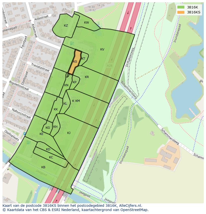 Afbeelding van het postcodegebied 3816 KS op de kaart.