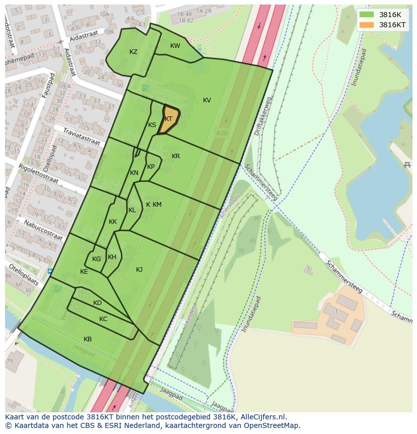Afbeelding van het postcodegebied 3816 KT op de kaart.