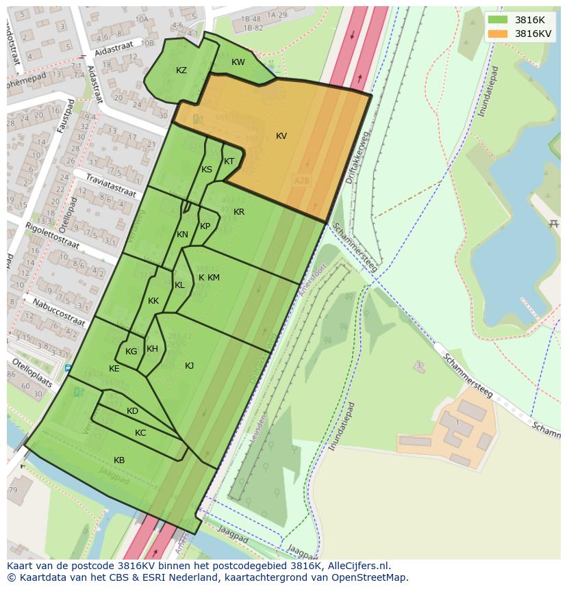 Afbeelding van het postcodegebied 3816 KV op de kaart.