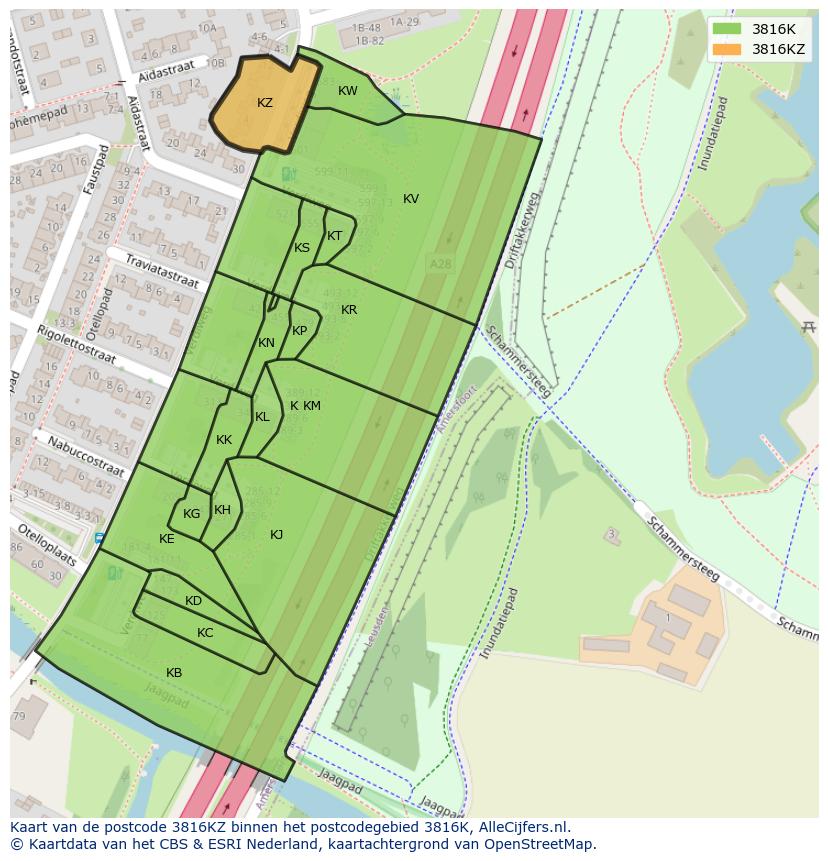 Afbeelding van het postcodegebied 3816 KZ op de kaart.